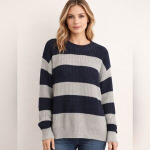Davi & Dani Navy Gray Stripe Chunky Knit Waffle Crewneck Sweater NWT